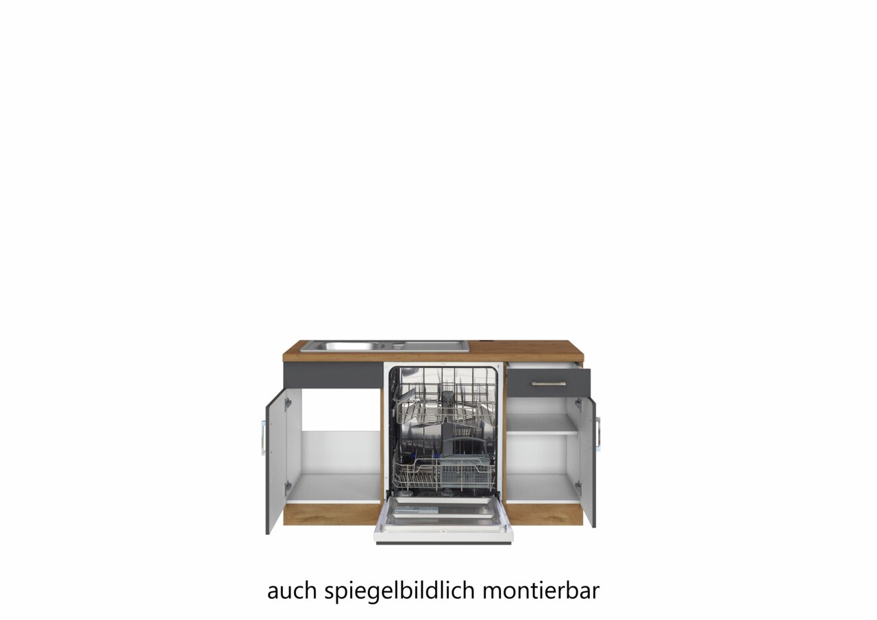 Frontansicht einer Eck-Küchenzeile mit Spüle, Geschirrspüler und Schränken, auch spiegelbildlich montierbar.