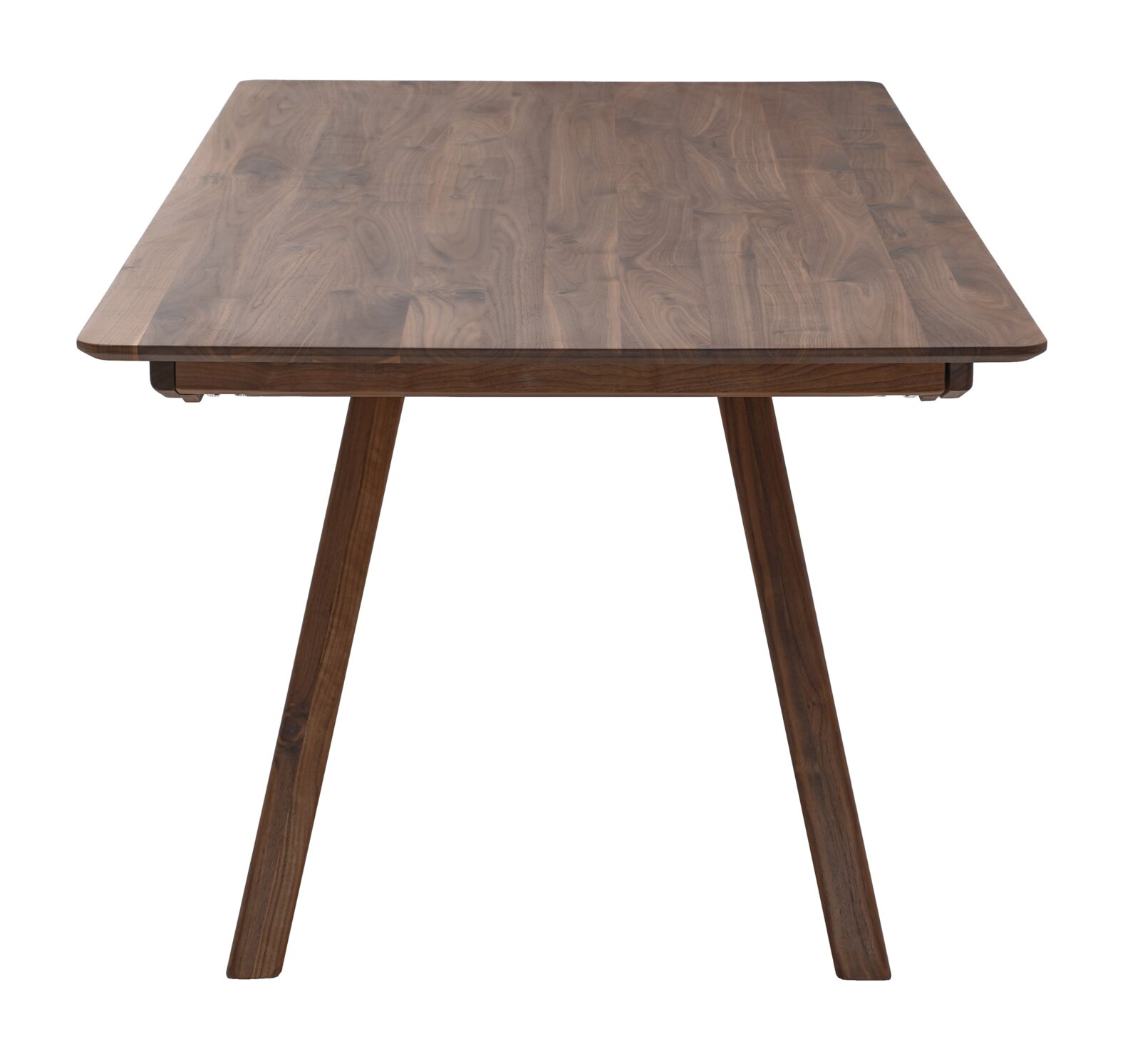 Rechthoekige houten tafel met zichtbaar nerfpatroon en schuin uitlopende poten, gefotografeerd van voren in licht schuin bovenaanzicht op witte achtergrond
