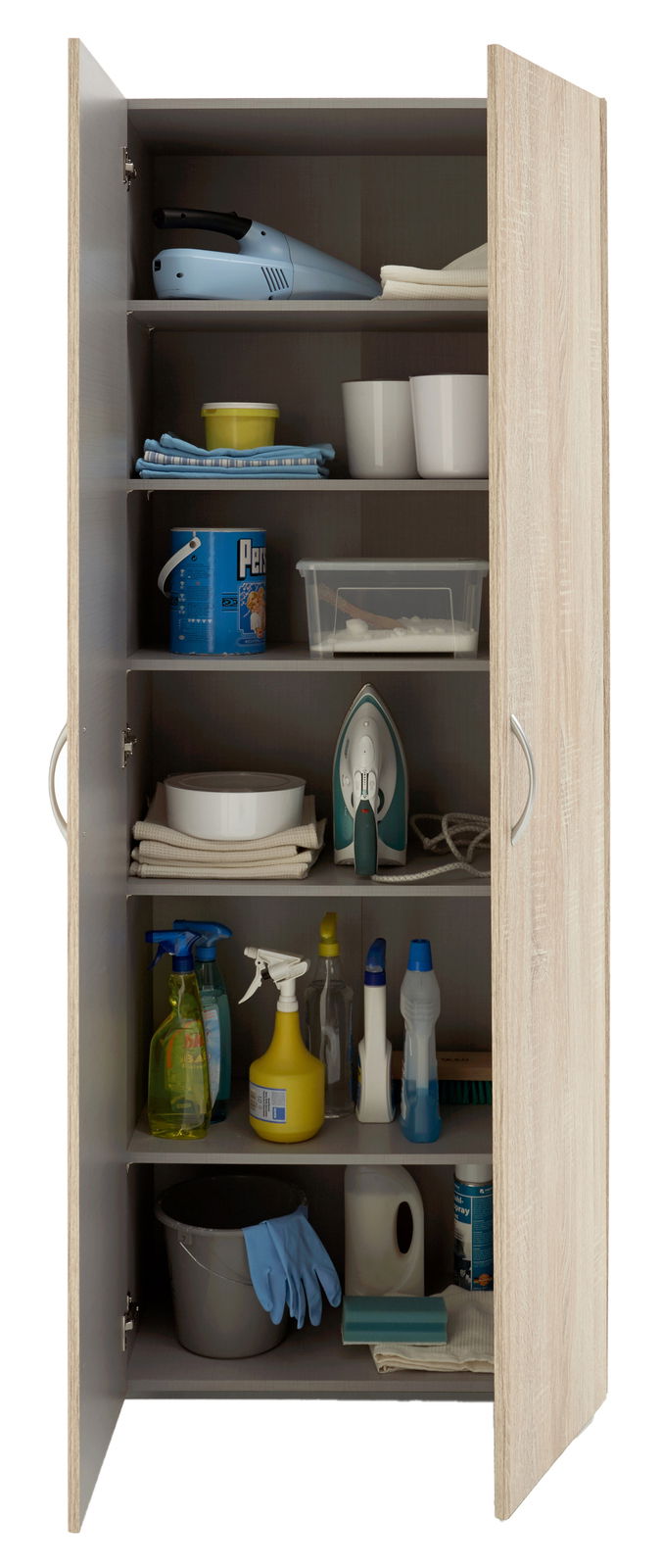 XORA Mehrzweckschrank MULTIRAUMKONZEPT Mehrzweckschrank mit offenen Türen, gefüllt mit Reinigungsmitteln, Bügeleisen und Haushaltsgegenständen, frontal betrachtet.