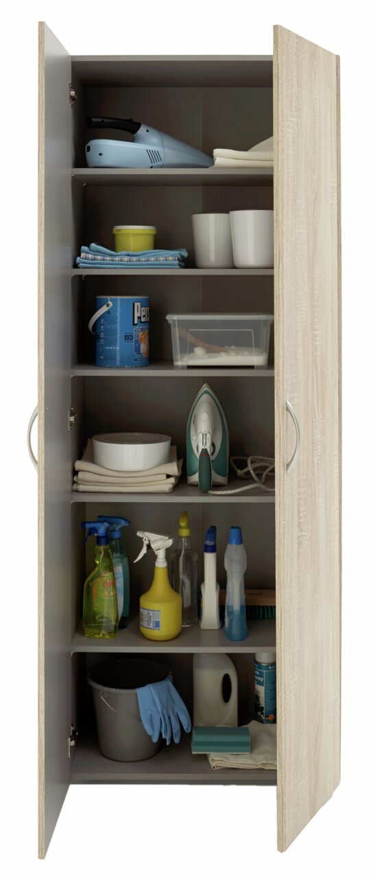 XORA Mehrzweckschrank MULTIRAUMKONZEPT Mehrzweckschrank mit offenen Türen, gefüllt mit Reinigungsmitteln, Bügeleisen und Haushaltsgegenständen, frontal betrachtet.