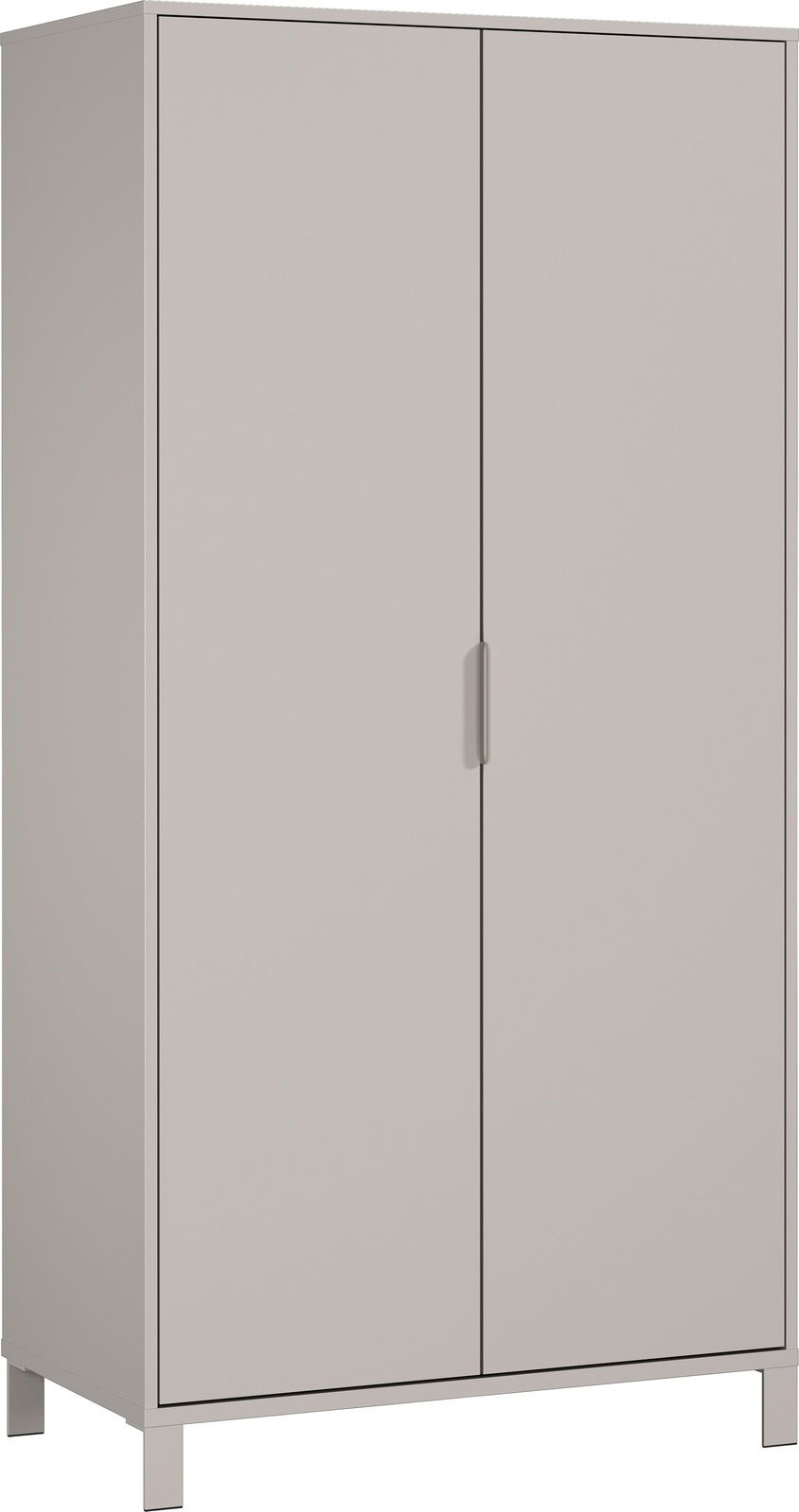 Moderner grauer Kleiderschrank mit zwei Türen, seitliche Perspektive