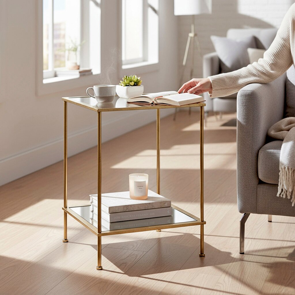 Moderner Beistelltisch mit goldfarbenem Metallrahmen und zwei Glasablagen neben einem grauen Sofa, darauf Tasse, Pflanze und offenes Buch; aufgenommen aus leicht erhöhter, frontaler Perspektive.