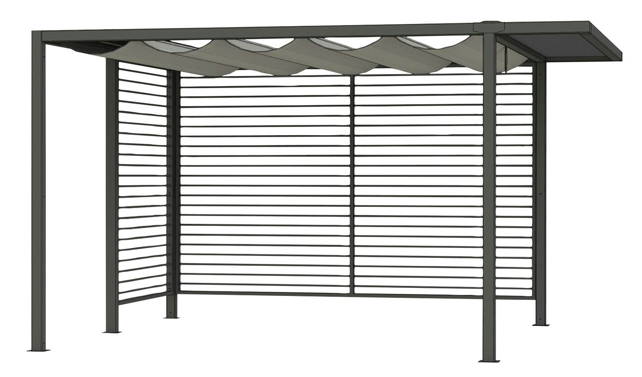 Metallische Dacherweiterung mit Lamellen, seitliche Perspektive