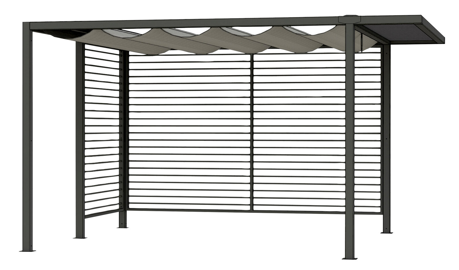 Metallische Dacherweiterung mit Lamellen, seitliche Perspektive