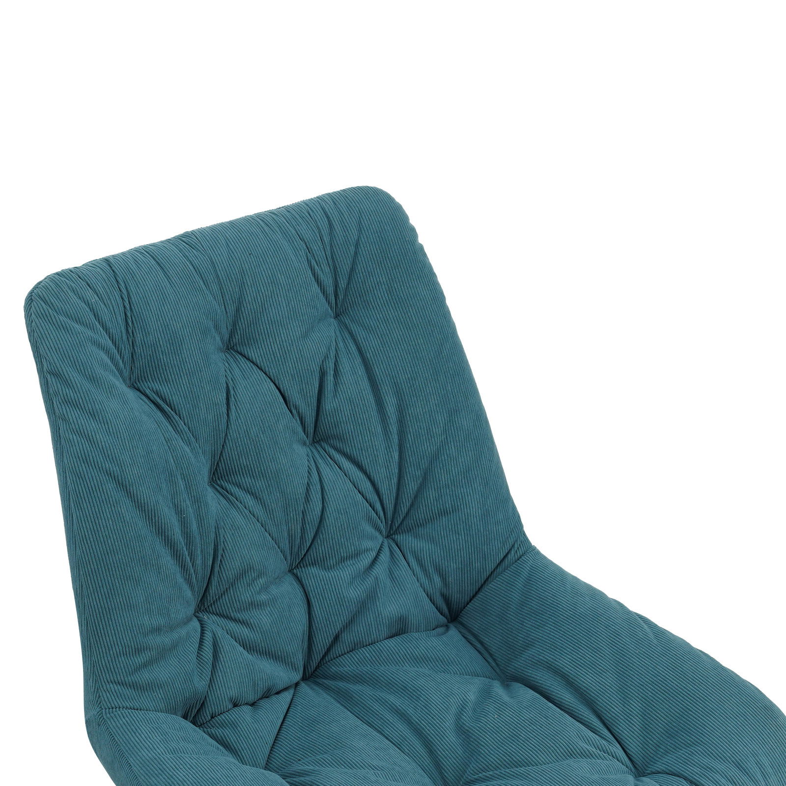 Nahaufnahme eines gepolsterten Stuhls mit grünem Stoffbezug und gestepptem Muster, Ansicht von schräg oben.