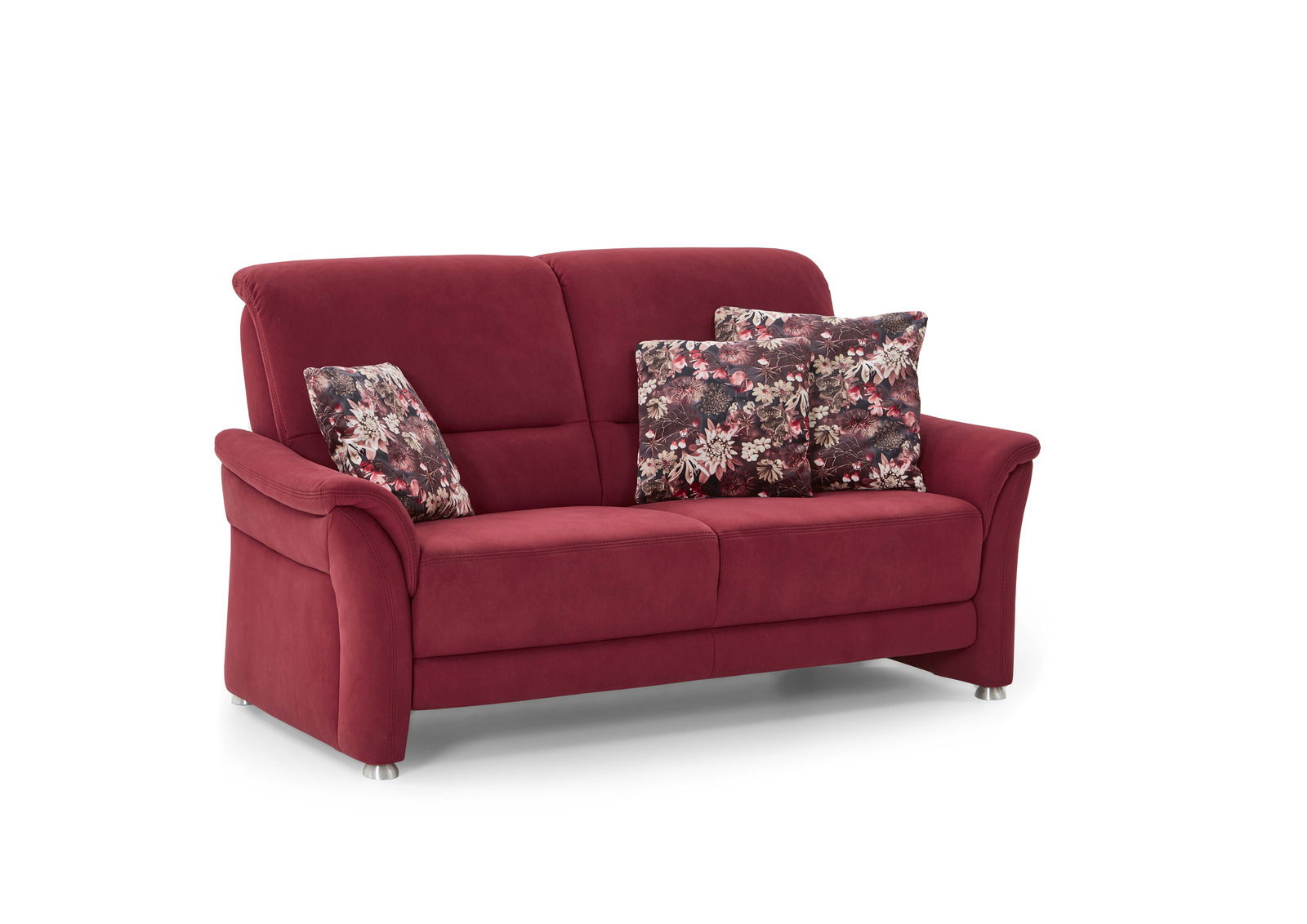 Rotes 2-Sitzer-Sofa mit floralen Kissen, seitliche Perspektive