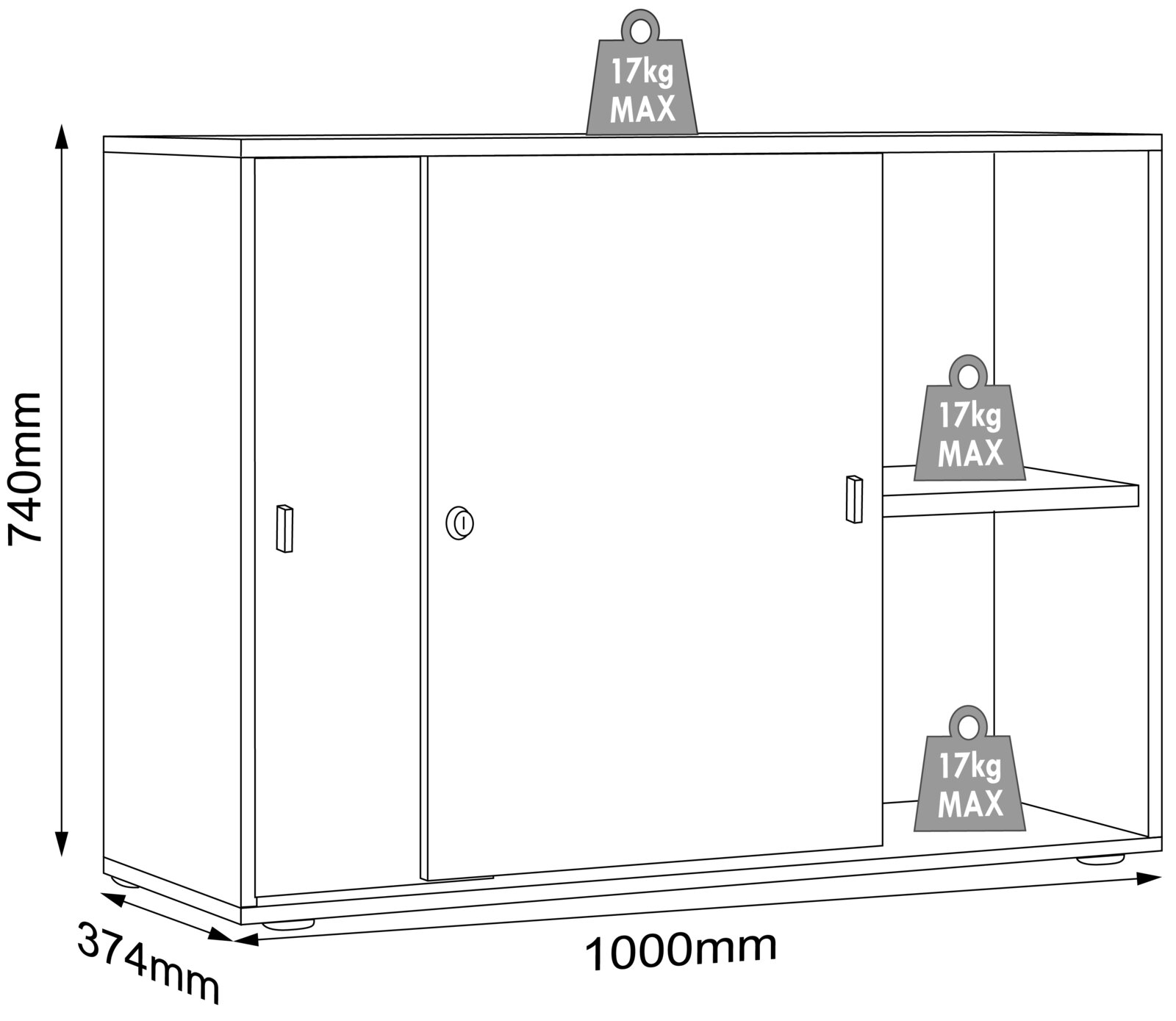 Technische Frontansicht eines Sideboards/Schranks mit zwei Türen und offenem Fach mit Einlegeboden, Maße ca. 1000 x 740 x 374 mm, Belastbarkeit je Ablage bis 17 kg