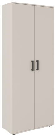 XL-Schuhschrank in heller Farbe mit zwei Türen und schwarzen Griffen, seitliche Perspektive