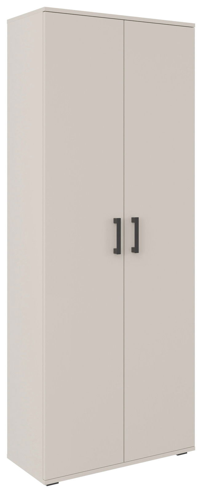 XL-Schuhschrank in heller Farbe mit zwei Türen und schwarzen Griffen, seitliche Perspektive