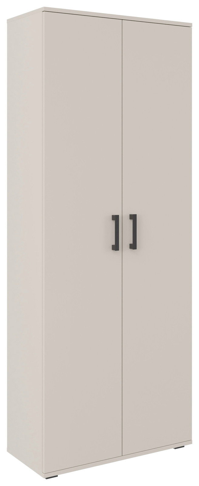 XL-Schuhschrank in heller Farbe mit zwei Türen und schwarzen Griffen, seitliche Perspektive