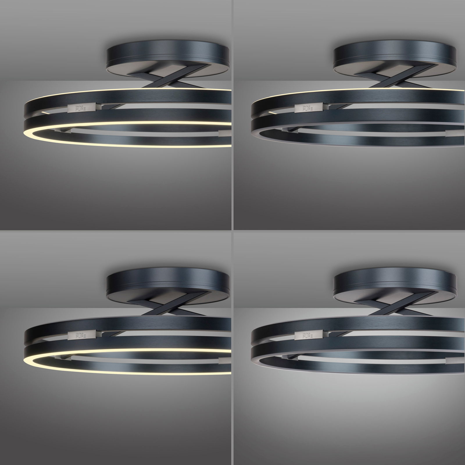 Moderne Deckenleuchte PURE Loop von Paul Neuhaus in schwarzem Metall mit zwei leuchtenden Ringen, seitliche Perspektive.