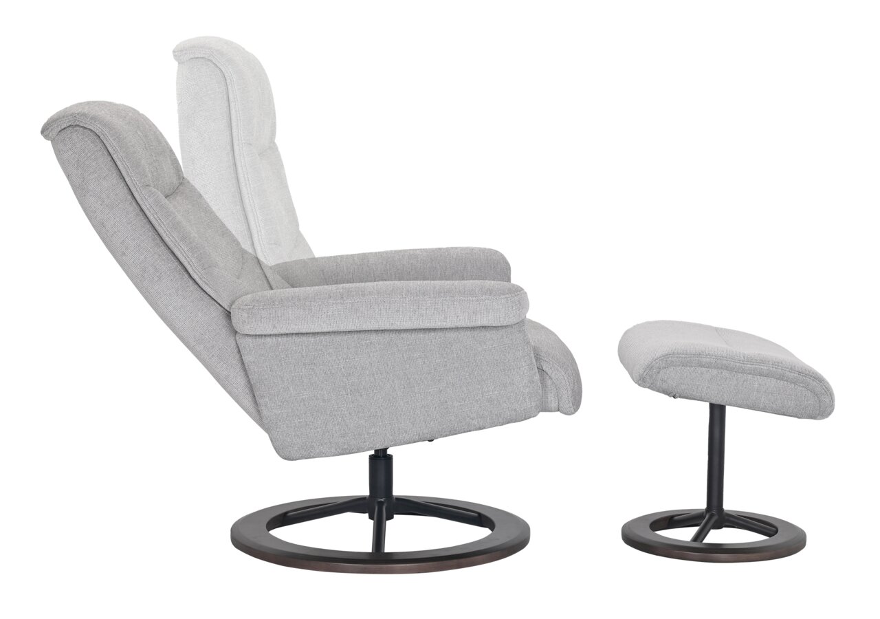 XORA Relaxsessel mit Hocker NORWEGEN Grauer Relaxsessel mit Hocker, seitliche Perspektive, auf einem runden Holzfuß.