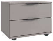 Graue Nachtkommode mit zwei Schubladen, seitliche Perspektive