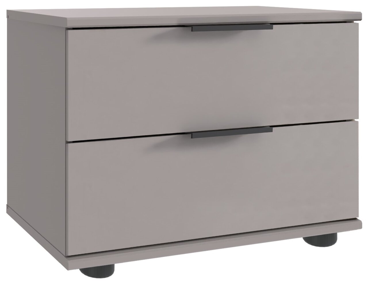 Graue Nachtkommode mit zwei Schubladen, seitliche Perspektive