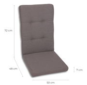 Graues Stuhlauflagen-Polster mit hoher Rückenlehne, ca. 72 x 50 x 48 cm und 7 cm dick, in schräger Vorderansicht mit Maßangaben