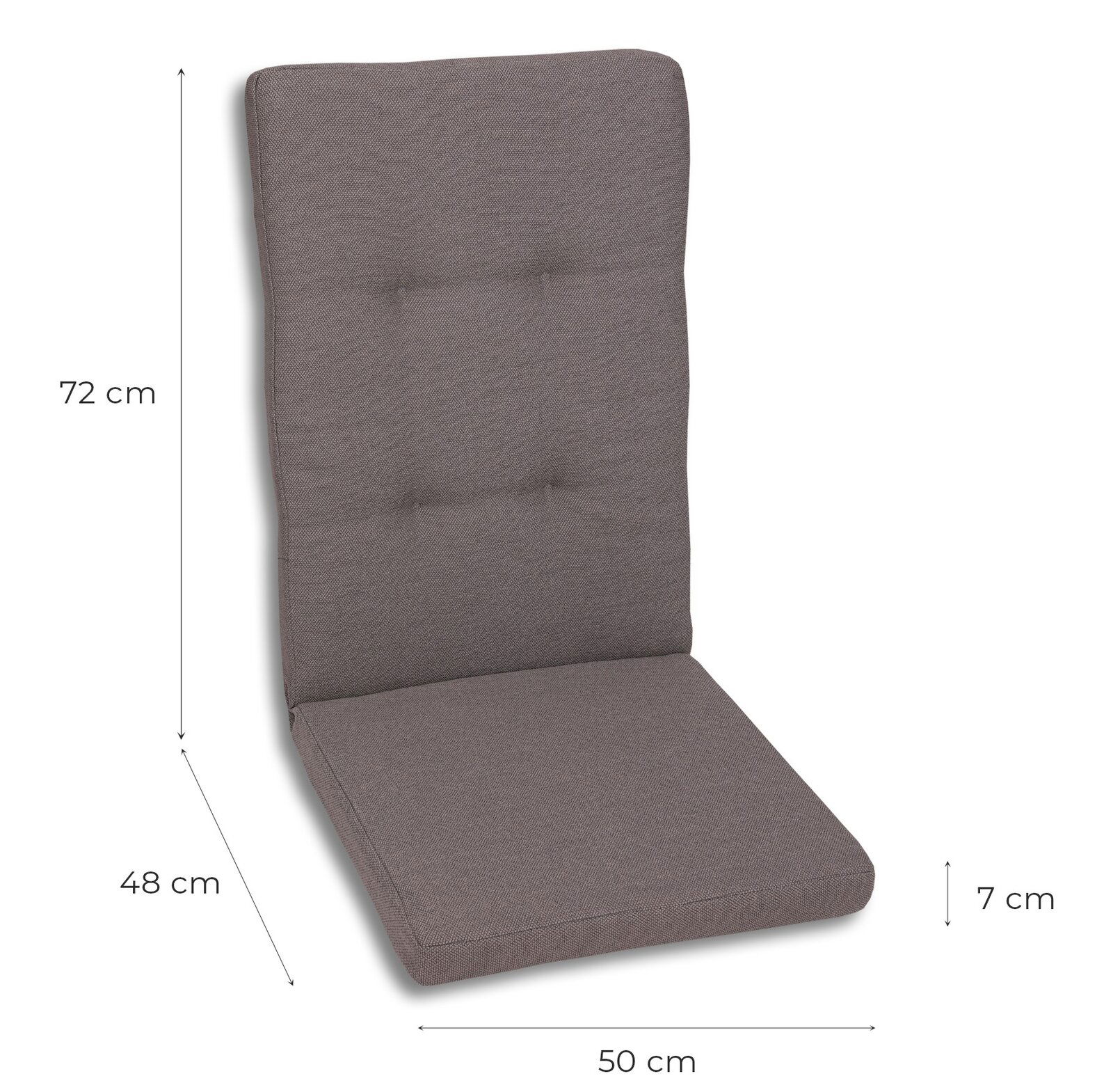 Graues Stuhlauflagen-Polster mit hoher Rückenlehne, ca. 72 x 50 x 48 cm und 7 cm dick, in schräger Vorderansicht mit Maßangaben