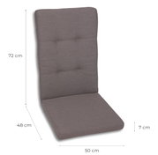 Grijze stoelbekleding met hoge rugleuning, ca. 72 x 50 x 48 cm en 7 cm dik, in schuin vooraanzicht met afmetingen