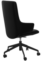 Schwarzer Drehstuhl mit hoher Rückenlehne, seitliche Perspektive