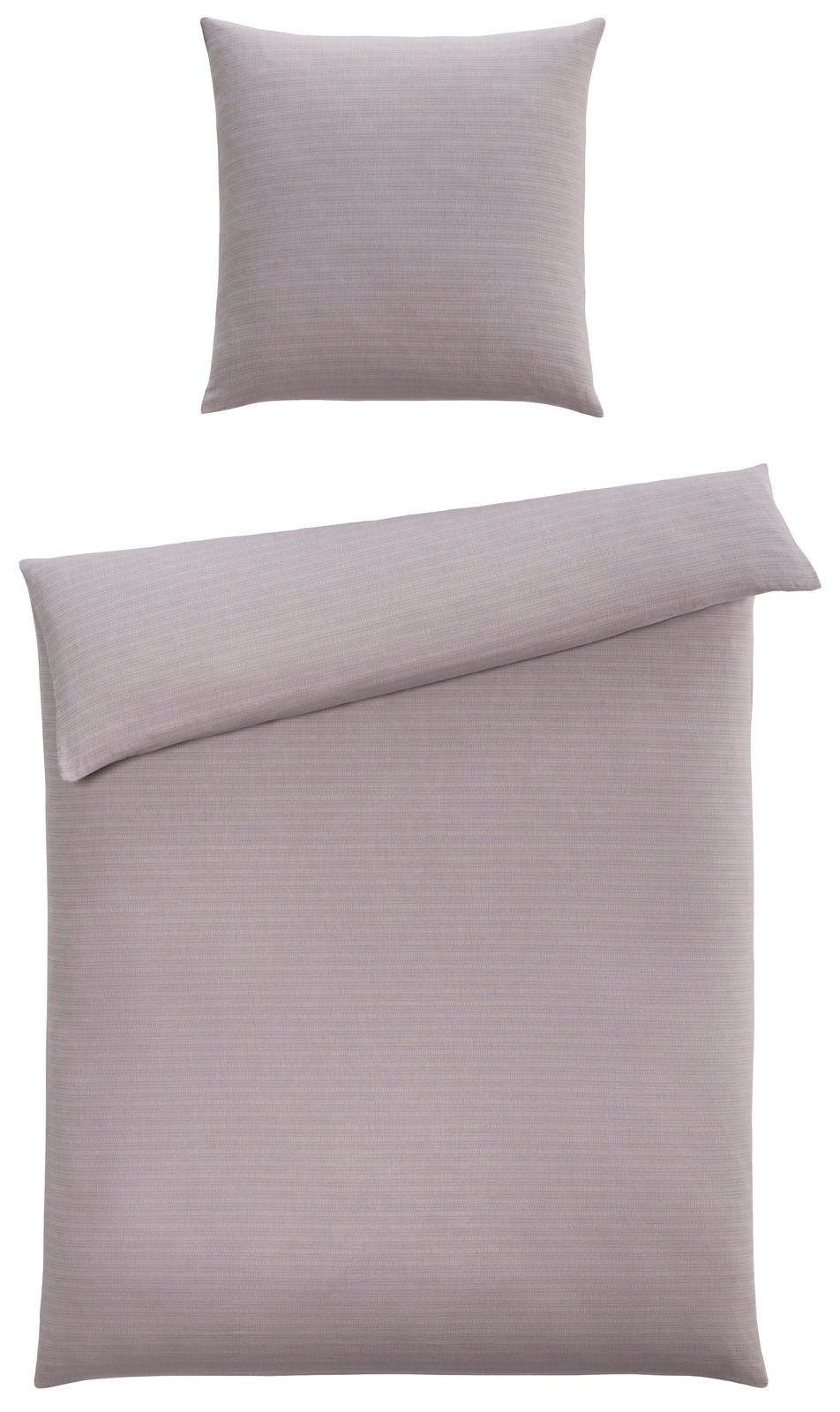 Bettwäsche-Set in Grau, bestehend aus einem Kissenbezug und einem Bettdeckenbezug, aus der Vogelperspektive fotografiert.