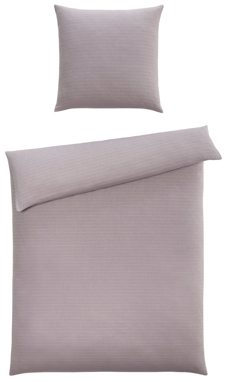 Bettwäsche-Set in Grau, bestehend aus einem Kissenbezug und einem Bettdeckenbezug, aus der Vogelperspektive fotografiert.