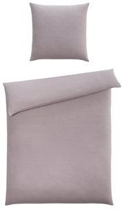 Bettwäsche-Set in Grau, bestehend aus einem Kissenbezug und einem Bettdeckenbezug, aus der Vogelperspektive fotografiert.