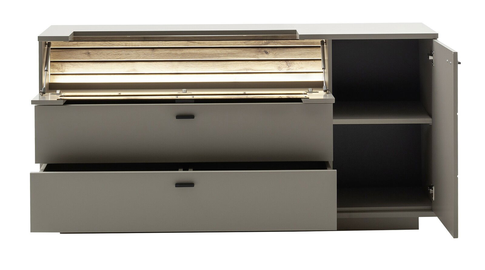 Modernes Sideboard mit offenen Schubladen und Türen, Frontansicht