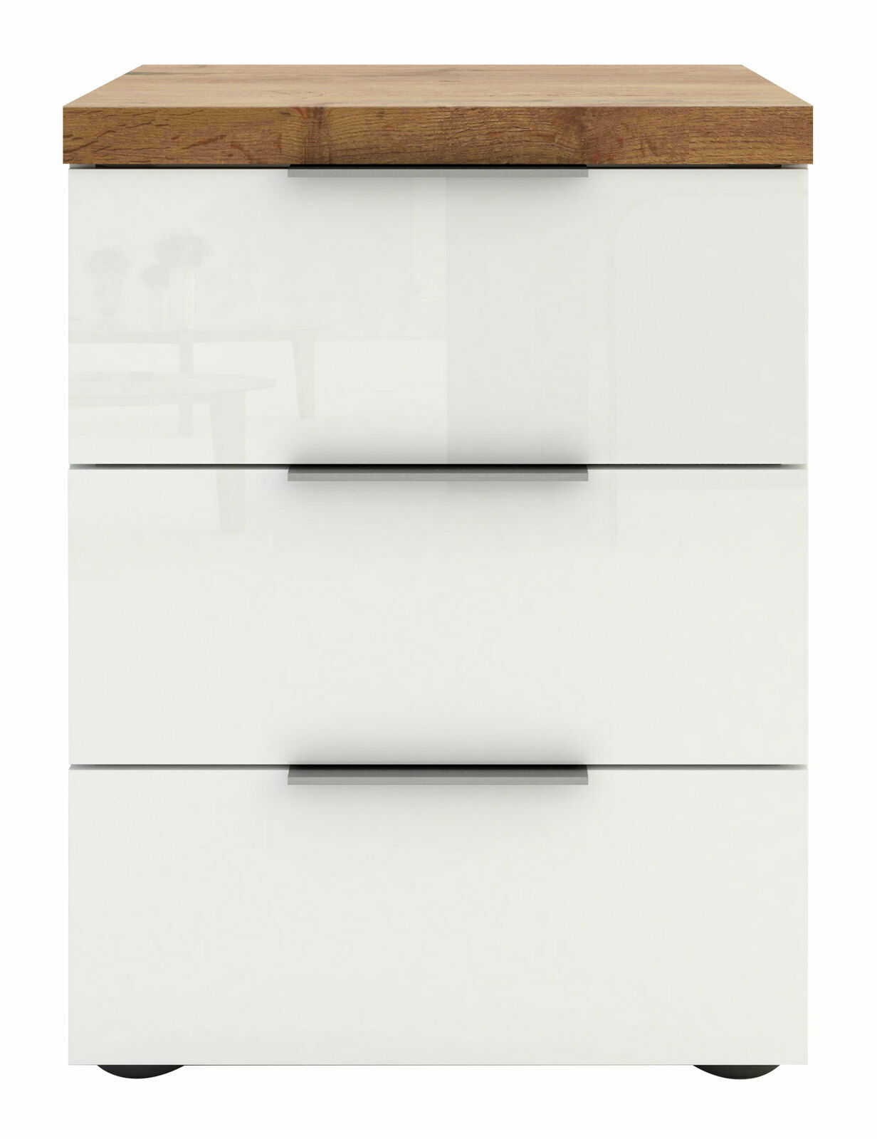 Moderne Nachtkommode mit drei Schubladen, weißem Korpus und Holzoberfläche, Frontalansicht