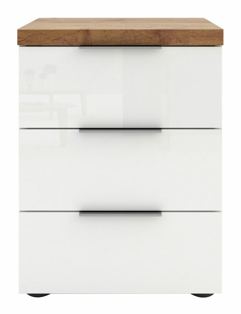 Moderne Nachtkommode mit drei Schubladen, weißem Korpus und Holzoberfläche, Frontalansicht
