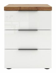 Moderne Nachtkommode mit drei Schubladen, weißem Korpus und Holzoberfläche, Frontalansicht