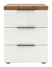Moderne Nachtkommode mit drei Schubladen, weißem Korpus und Holzoberfläche, Frontalansicht
