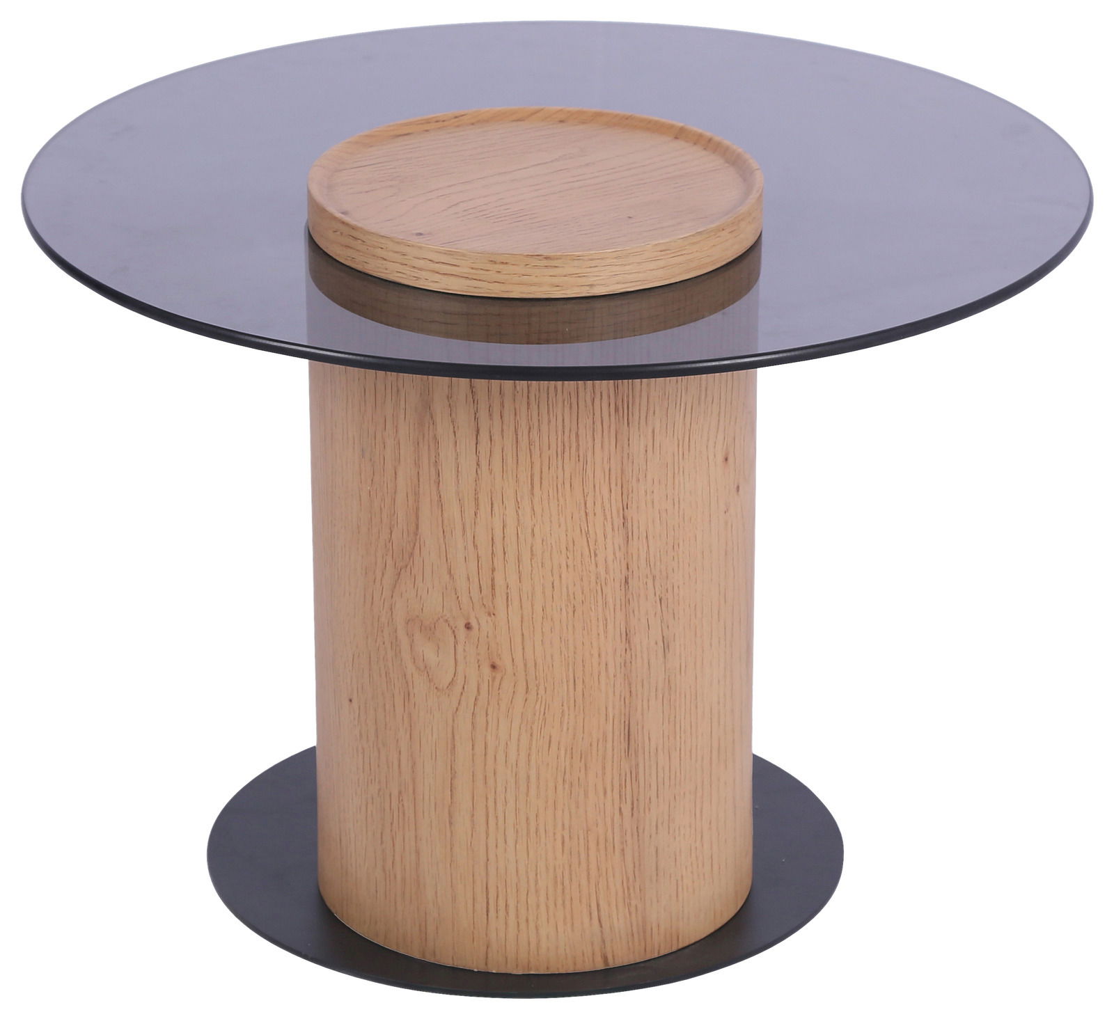 Moderner Beistelltisch mit runder Glasplatte und Holzsäule, seitliche Perspektive