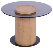 Moderner Beistelltisch mit runder Glasplatte und Holzsäule, seitliche Perspektive