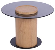 Moderne bijzettafel met rond glazen blad en houten poot, zijaanzicht