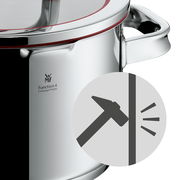 Nahaufnahme eines Bratentopfs mit Deckel aus Edelstahl, seitliche Perspektive, mit robustem Design und ergonomischem Griff.