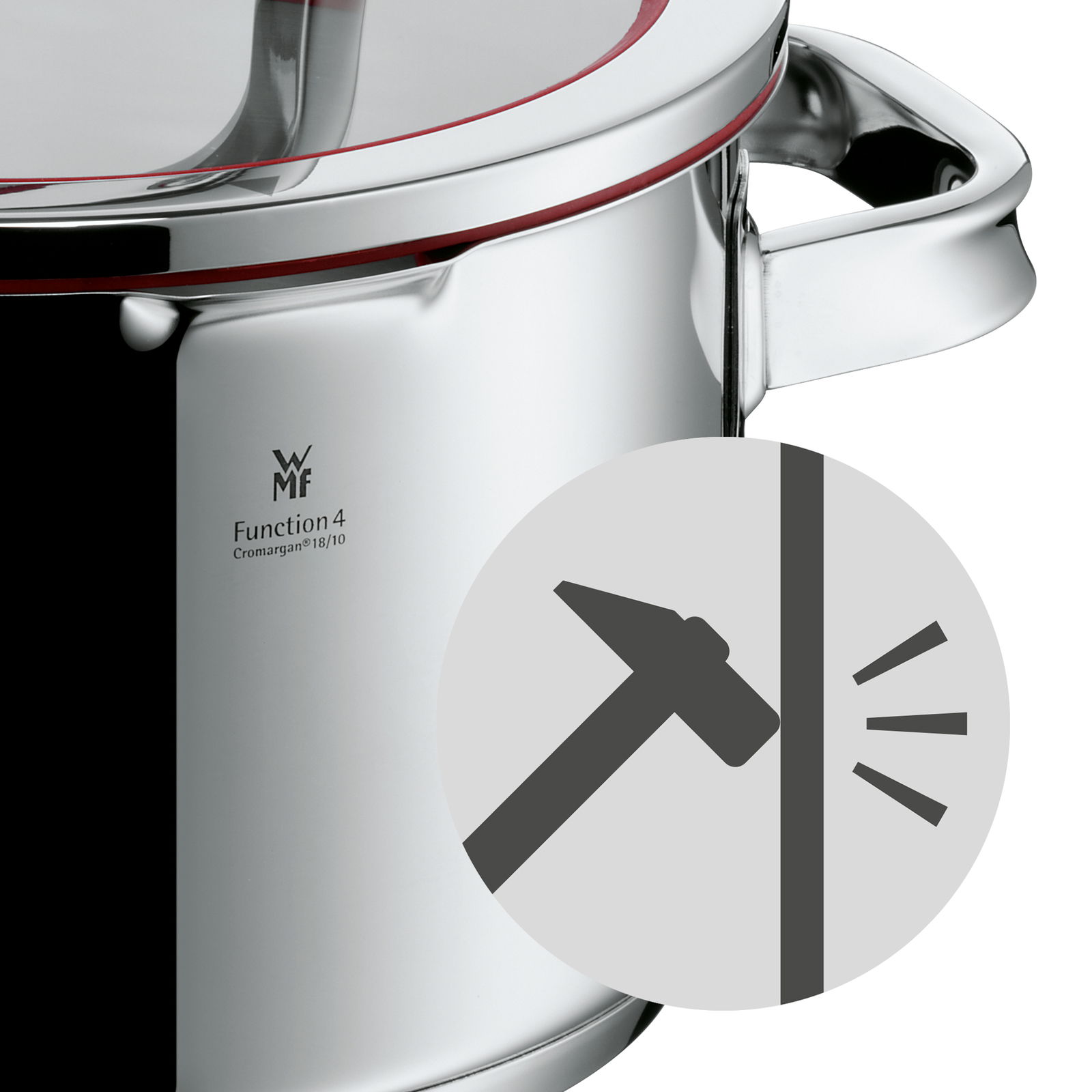 Nahaufnahme eines Bratentopfs mit Deckel aus Edelstahl, seitliche Perspektive, mit robustem Design und ergonomischem Griff.