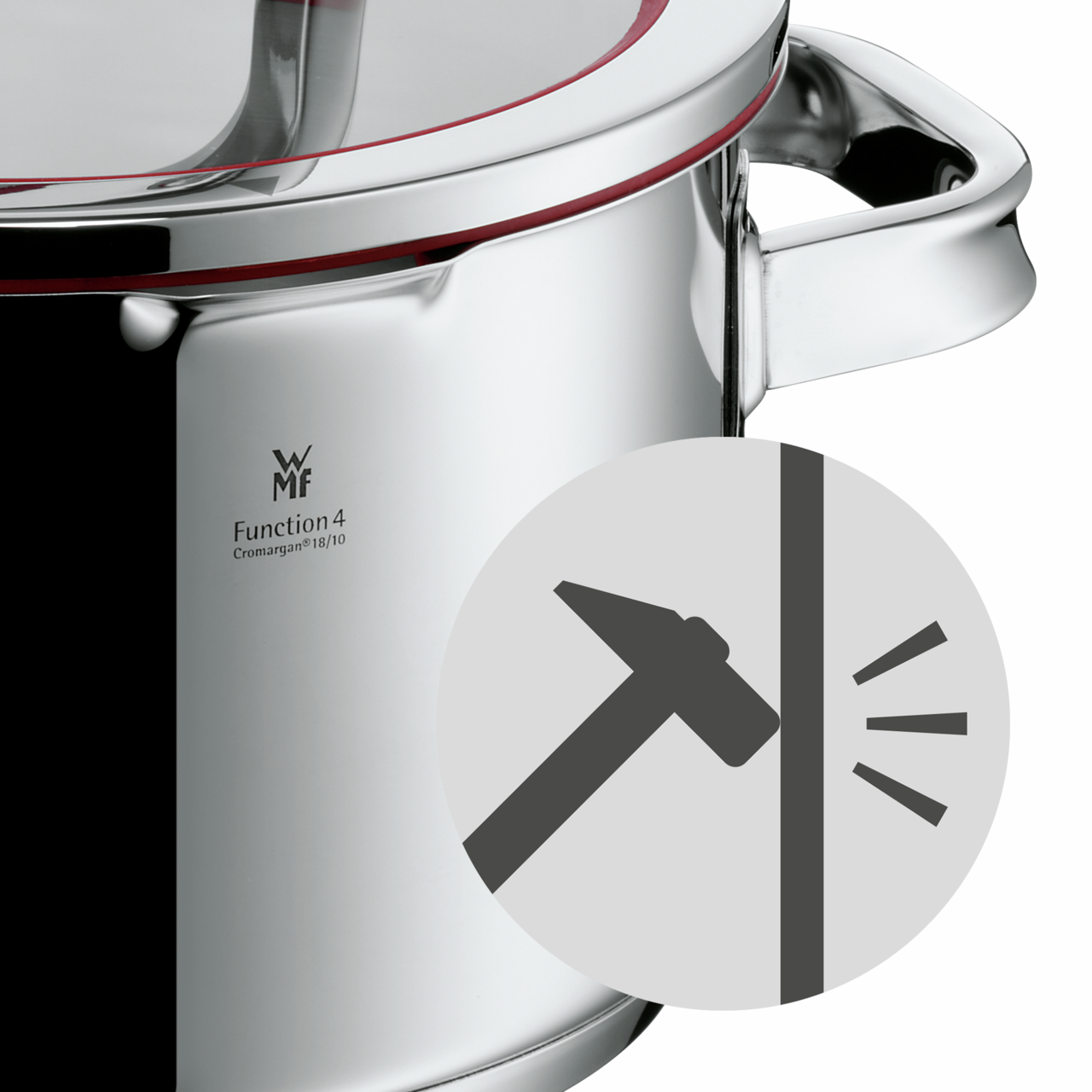 Nahaufnahme eines Bratentopfs mit Deckel aus Edelstahl, seitliche Perspektive, mit robustem Design und ergonomischem Griff.