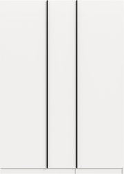 Minimalistischer weißer Schrank mit zwei Türen und schwarzen vertikalen Griffleisten, frontale Ansicht.