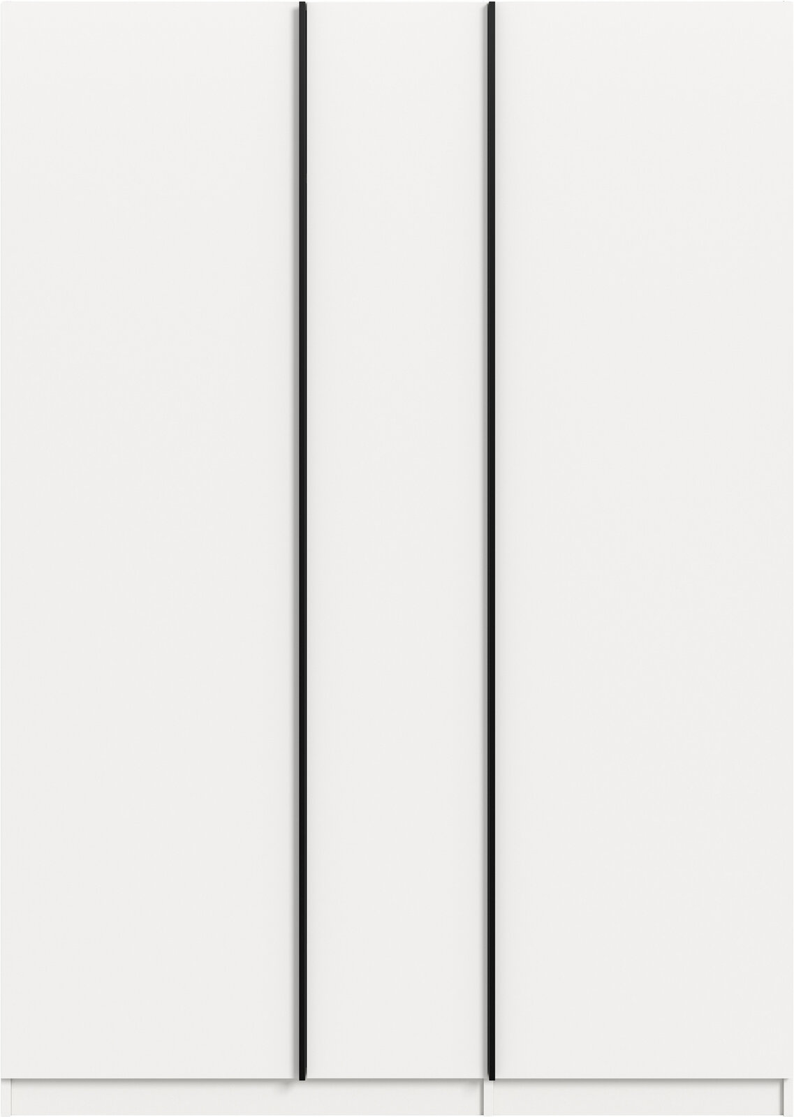 Minimalistischer weißer Schrank mit zwei Türen und schwarzen vertikalen Griffleisten, frontale Ansicht.