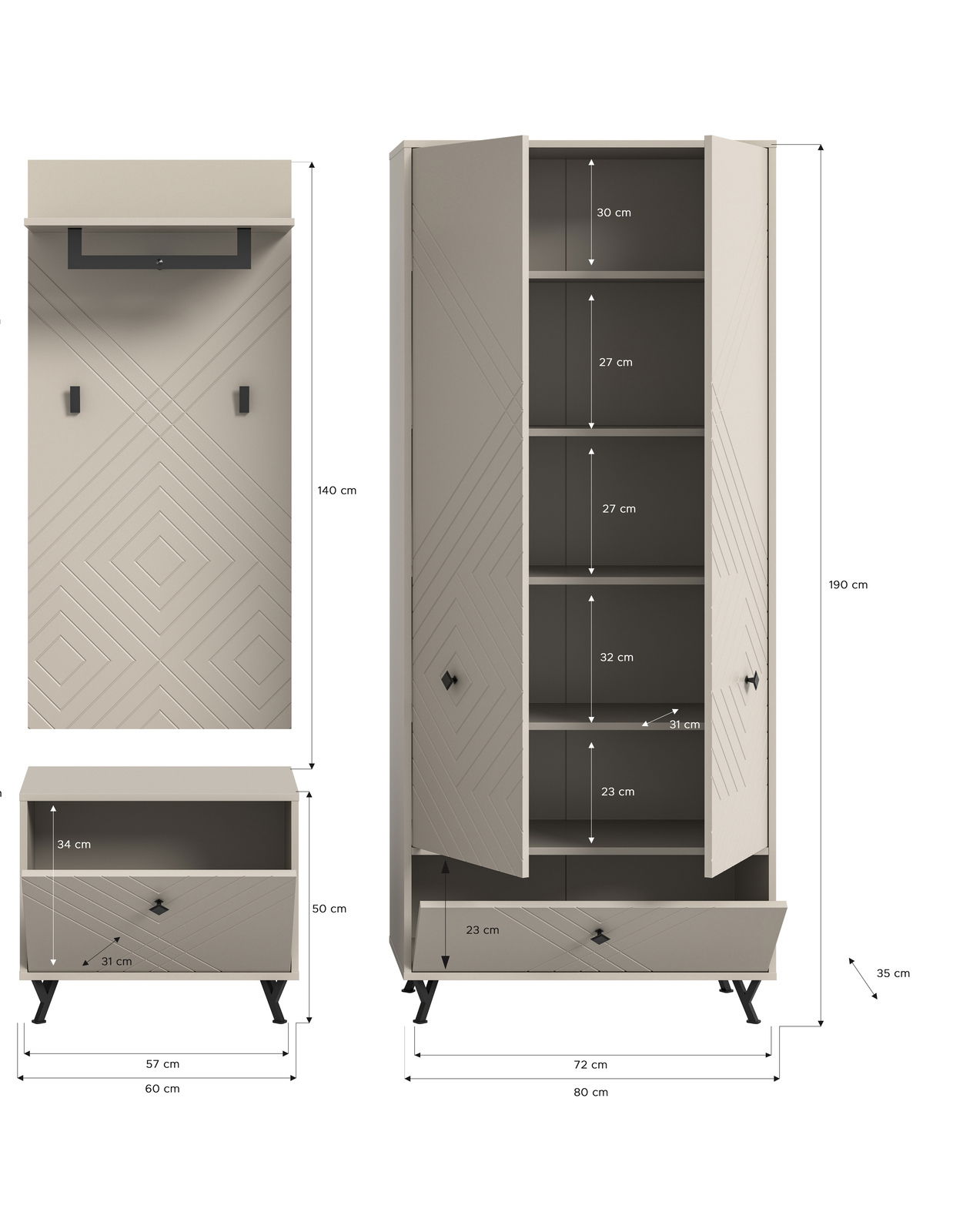 Garderobenkombination bestehend aus einem hohen Schrank mit mehreren Regalfächern und einer Schublade, einem Wandpaneel mit Haken und einem niedrigen Schrank mit Schublade, in frontaler Ansicht.
