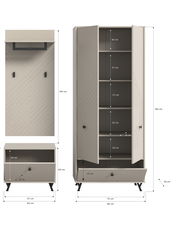 Garderobenkombination bestehend aus einem hohen Schrank mit mehreren Regalfächern und einer Schublade, einem Wandpaneel mit Haken und einem niedrigen Schrank mit Schublade, in frontaler Ansicht.