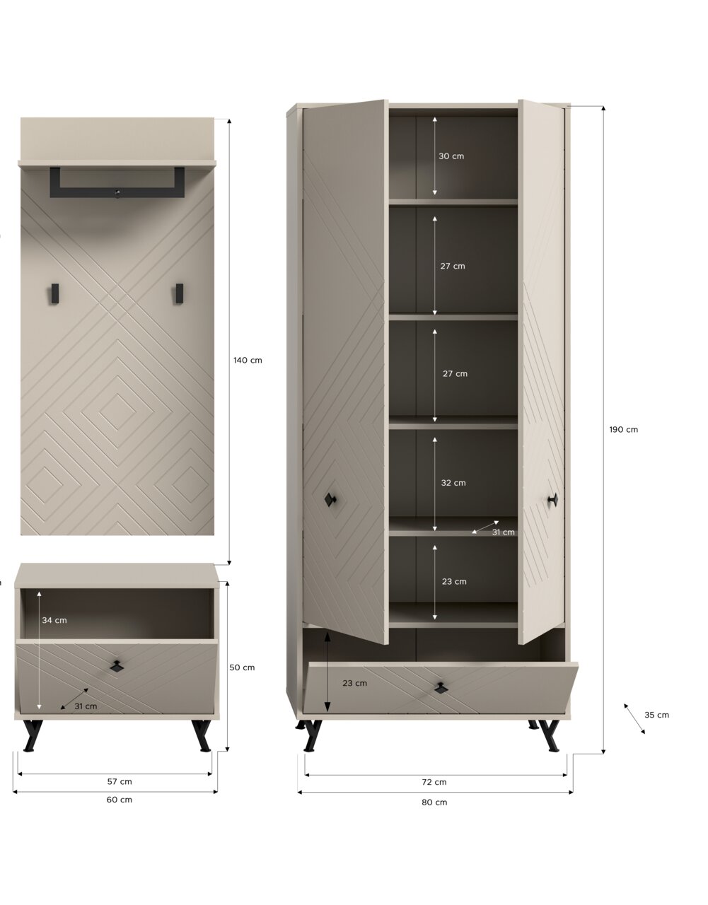 Garderobenkombination bestehend aus einem hohen Schrank mit mehreren Regalfächern und einer Schublade, einem Wandpaneel mit Haken und einem niedrigen Schrank mit Schublade, in frontaler Ansicht.