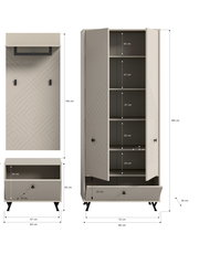 Garderobenkombination bestehend aus einem hohen Schrank mit mehreren Regalfächern und einer Schublade, einem Wandpaneel mit Haken und einem niedrigen Schrank mit Schublade, in frontaler Ansicht.