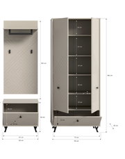 Garderobenkombination bestehend aus einem hohen Schrank mit mehreren Regalfächern und einer Schublade, einem Wandpaneel mit Haken und einem niedrigen Schrank mit Schublade, in frontaler Ansicht.