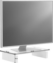 Bildschirm-Aufsatz aus transparentem Material, seitliche Perspektive, mit Maßen 25 cm Tiefe, 45 cm Breite und 8 cm Höhe.