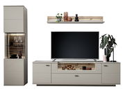 Moderne Wandkombination mit TV-Schrank, Vitrine und Regal in neutralen Farben, frontal betrachtet.
