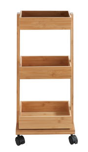 Badezimmerwagen aus Bambus mit drei Etagen und Rollen, Frontalansicht