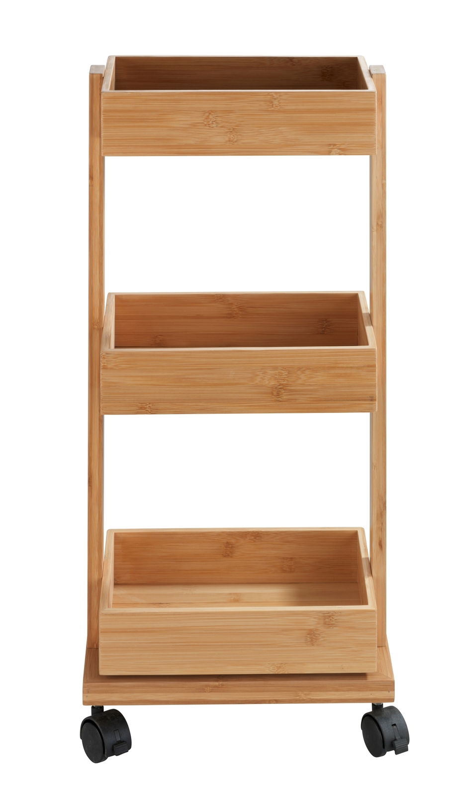 Badezimmerwagen aus Bambus mit drei Etagen und Rollen, Frontalansicht