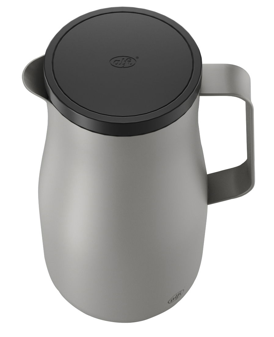 Isolierkanne Studio in grauer Farbe, Ansicht von oben mit schwarzem Deckel und ergonomischem Griff.