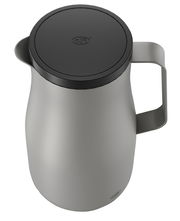 Isolierkanne Studio in grauer Farbe, Ansicht von oben mit schwarzem Deckel und ergonomischem Griff.