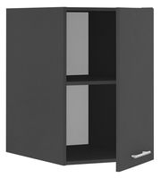 Schwarzer Aufsatzschrank mit einer offenen Tür, seitliche Perspektive